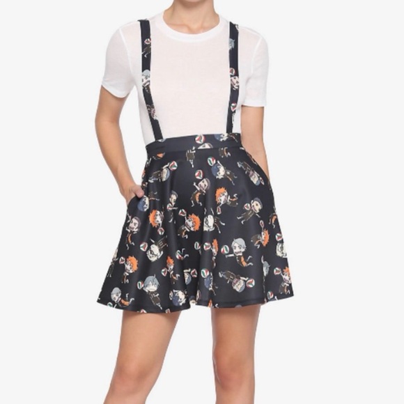 Hot Topic Dresses & Skirts - Hot Topic Haikyu Anime Black Skater Skirt Suspenders Size Medium